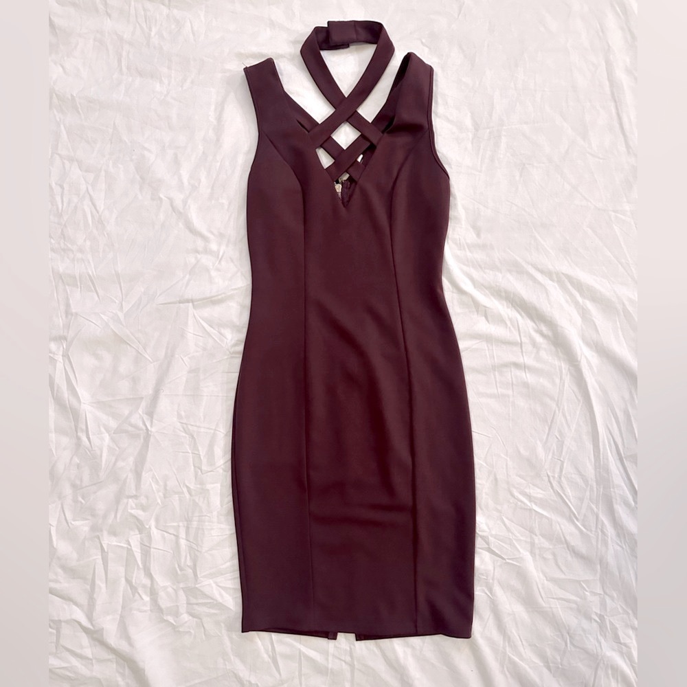 Maroon Midi Dress Cross Neck Design Slim Fit Zip Back Size Small